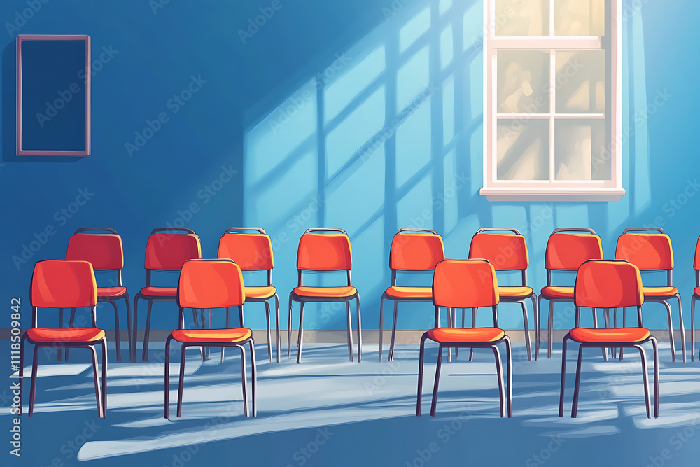 A classroom scene with empty red chairs under soft sunlight and shadows. A classroom scene with empty red chairs under soft sunlight and shadows.