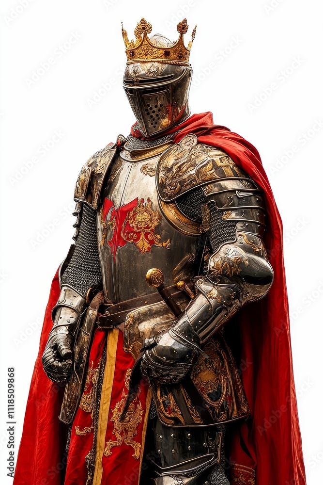 Obraz premium Ornate armor, crown, red cloak; regal knight.
