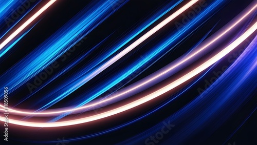 Blue light streaks on a black background with glowing horizontal lines in a high speed motion blur effect.