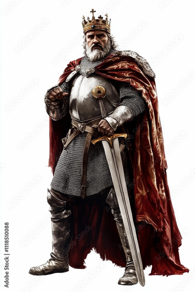 Fototapeta premium Aged king, crowned, armored, sword, regal cloak.