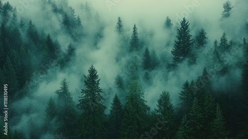 A misty forest scene with dense trees shrouded in fog, creating a tranquil atmosphere.