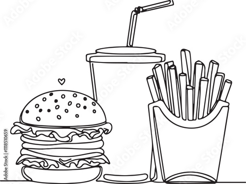 Minimalist Line Art Drawing of Burger, Soda, and French Fries on White Background – Fast Food Illustration