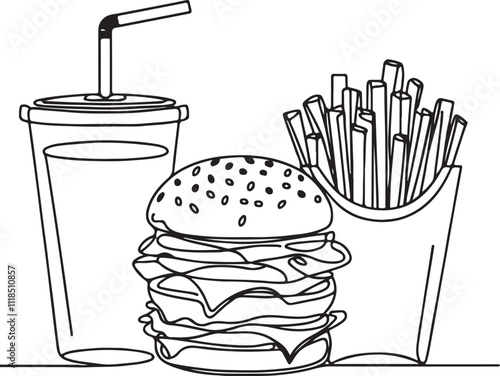 Minimalist Line Art Drawing of Burger, Soda, and French Fries on White Background – Fast Food Illustration