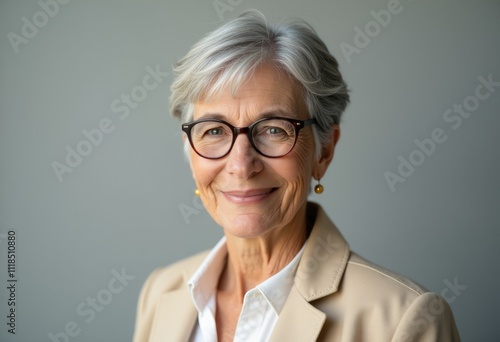 A smiling older woman wearing glasses and a beige jacket.