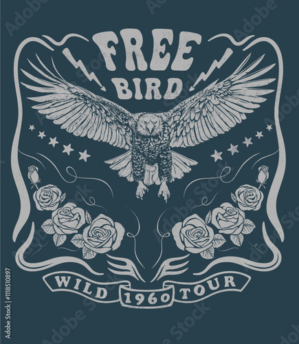 Vintage eagle vector design for apparel, Eagle and rose artwork for t shirt, sweater, graphic print, Embroidery, Eagle flying illustration, free bird typography