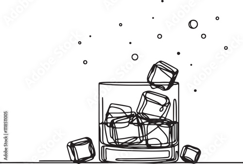 Minimalist Line Drawing of Whiskey in Glass with Ice Cubes on White Background