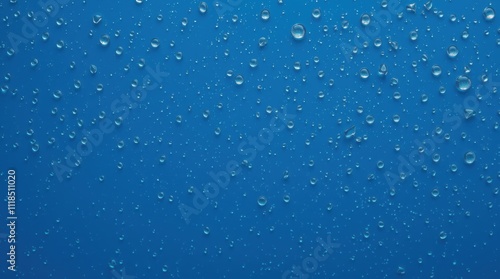 water droplets, blue surface, condensation, macro photography, texture, minimalist, abstract, high contrast, crisp detail, clean background, moisture, dewdrops, hydrophobic surface, rain-like pattern,