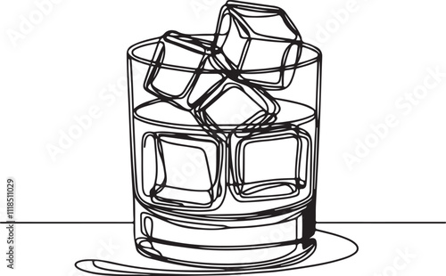 Minimalist Line Drawing of Whiskey in Glass with Ice Cubes on White Background