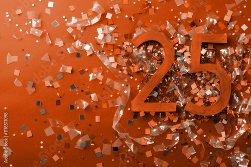 Creative colorful shiny number 2025 with festive confetti on festive bright background