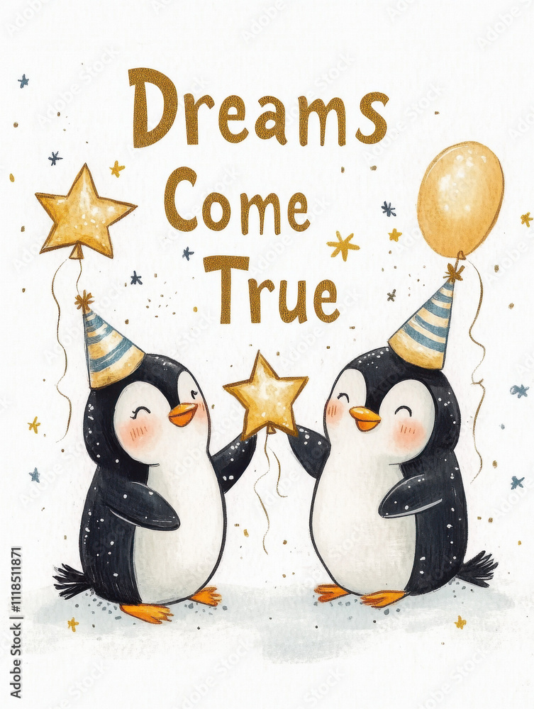 Obraz premium Charming New Year Illustrations with two happy penguins holding star-shaped balloons: Wallpapers, T-shirts, Posters & Decor