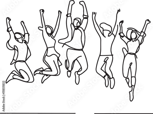 Minimalist Line Art of Young People Jumping- Joy, Success, and Victory  photo