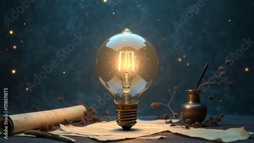 Antique Metal Light Bulb Illumination, Flat Lay with Scrolls, Inkwell, and Quills - A Mystery and Discovery Concept photo