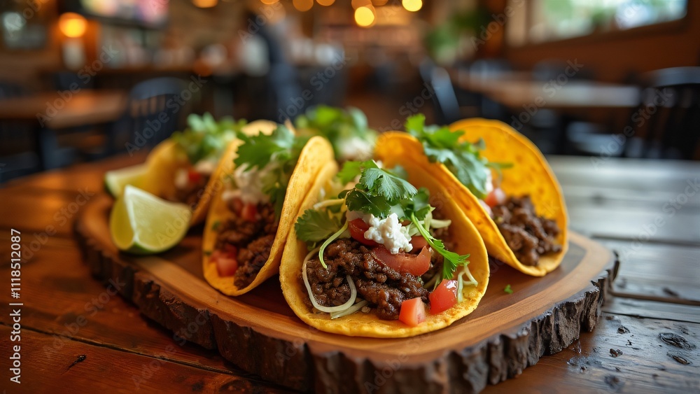 Delicious Beef Tacos on Rustic Wooden Board, Warmly Lit Restaurant Setting Delicious Beef Tacos on Rustic Wooden Board, Warmly Lit Restaurant Setting