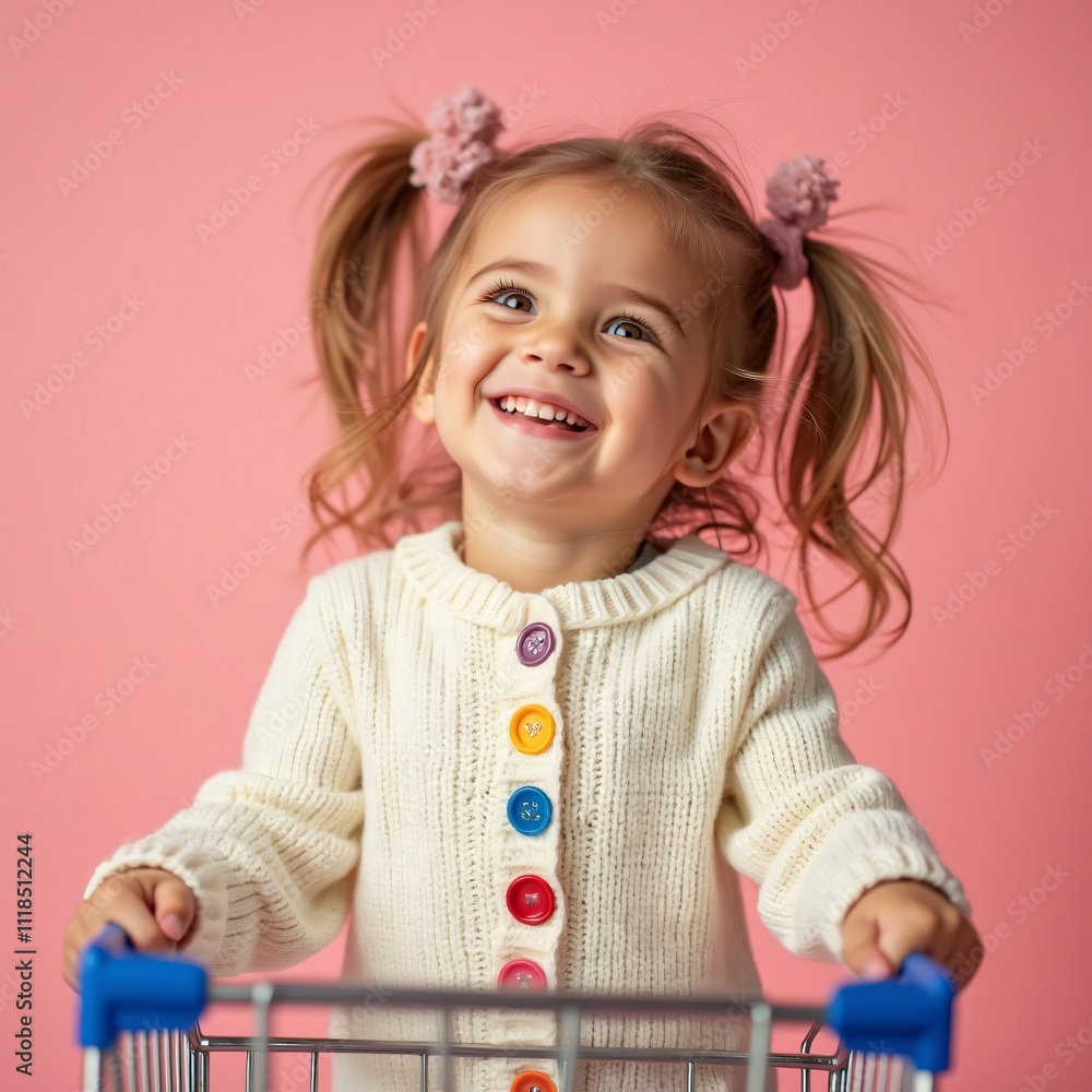 Joyful Toddler Girl in White Cardigan with Colorful Buttons Holding Shopping Cart on Pink Background Joyful Toddler Girl in White Cardigan with Colorful Buttons Holding Shopping Cart on Pink Background