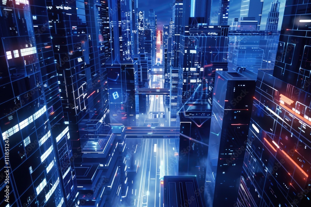 A futuristic city skyline illuminated by neon lights, showcasing the integration of technology into urban landscapes. A futuristic city skyline illuminated by neon lights, showcasing the integration of technology into urban landscapes.