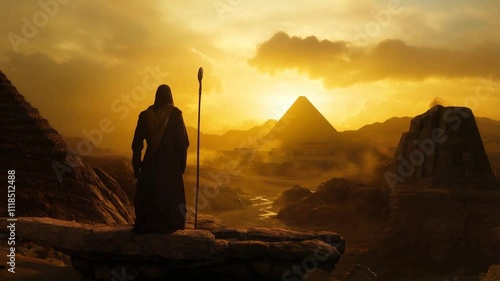 Moses stands resolutely in ancient Egypt, his staff raised high, as ominous skies darken and signs of the plagues—locusts, frogs, and hail—descend upon the land.