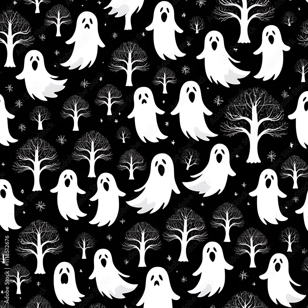 Fototapeta premium Spooky Season Seamless Pattern: Ghostly figures dance among bare trees under a starlit sky in a monochrome Halloween design, perfect for fabrics, wrapping paper, or digital projects.
