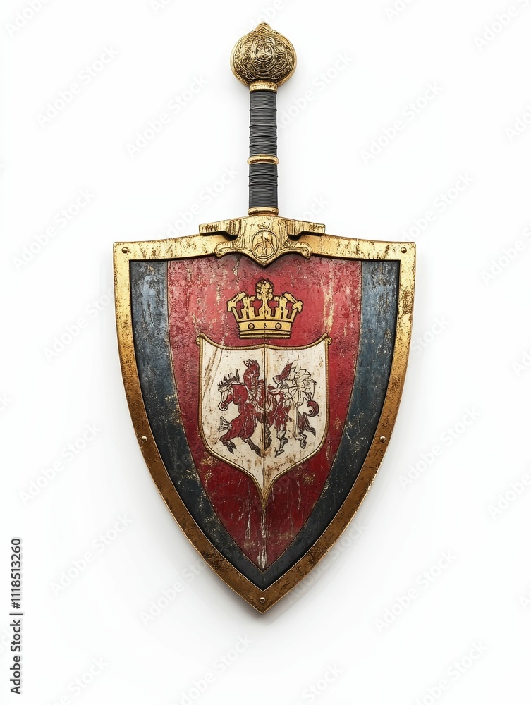 Ornate shield, sword, medieval emblem, aged design.