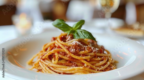 a delicious spaghetti bolognese on a white table, with a stunning design and a beautiful Italian-inspired background