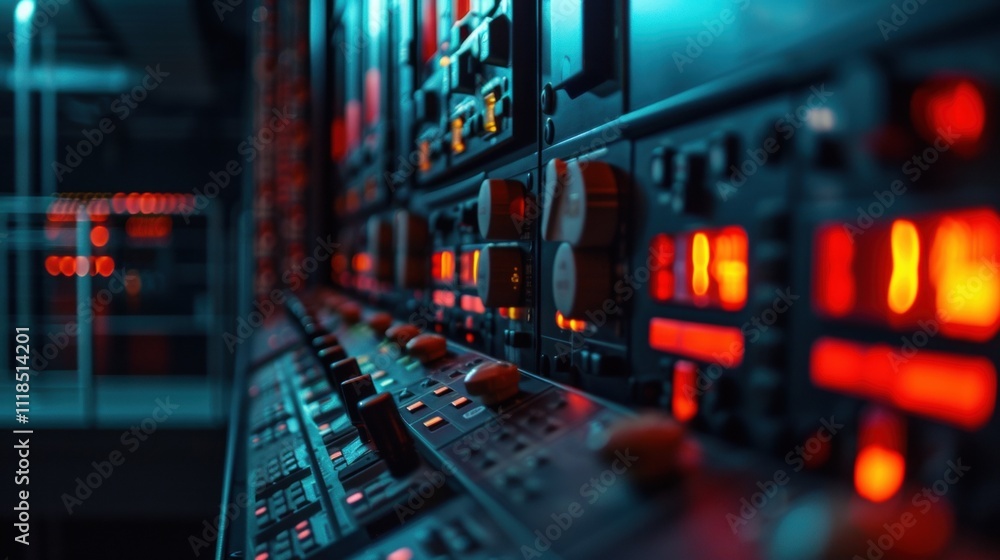 Complex audio mixing console in a professional recording studio, featuring illuminated faders, knobs, and displays, creating a vibrant and technologically advanced atmosphere for music production Complex audio mixing console in a professional recording studio, featuring illuminated faders, knobs, and displays, creating a vibrant and technologically advanced atmosphere for music production