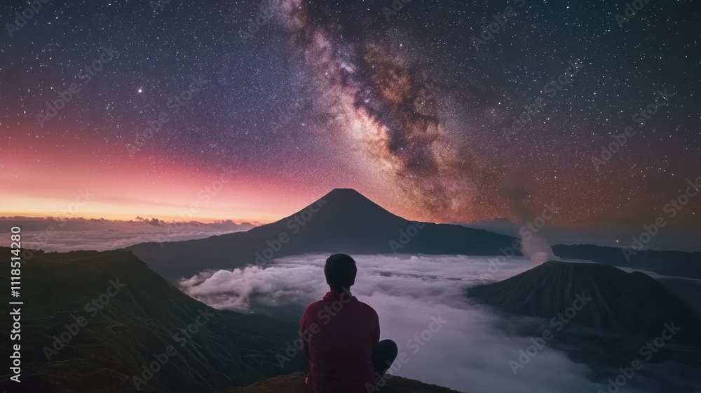 A person gazes at a starry sky over volcanic mountains, capturing a serene moment in nature. A person gazes at a starry sky over volcanic mountains, capturing a serene moment in nature.