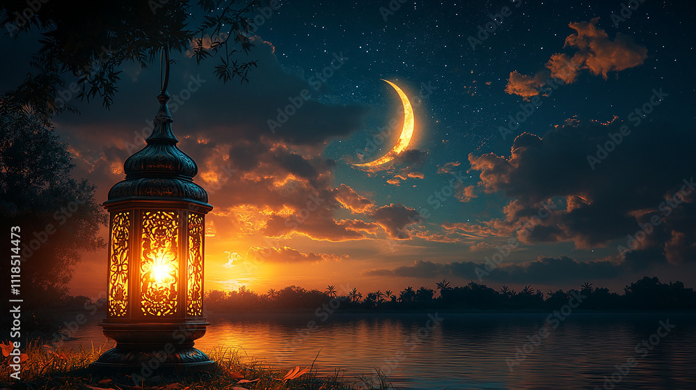 A beautiful, ornate lantern hangs in the night sky, lit up with a warm glow. ramzan mubarak A beautiful, ornate lantern hangs in the night sky, lit up with a warm glow. ramzan mubarak
