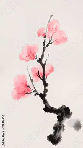 The beautiful Chinese traditional ink painting of a delicate pink and black Sakura blossom with soft purple petals, featured in a minimalist style on a white background, perfect for greeting cards