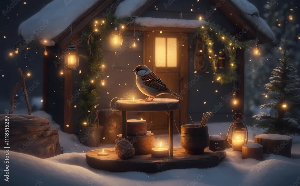 Winter Cabin Scene with Bird and Candlelight at Night Winter Cabin Scene with Bird and Candlelight at Night