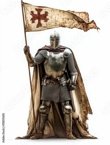 Armored knight holds tattered banner; medieval scene.