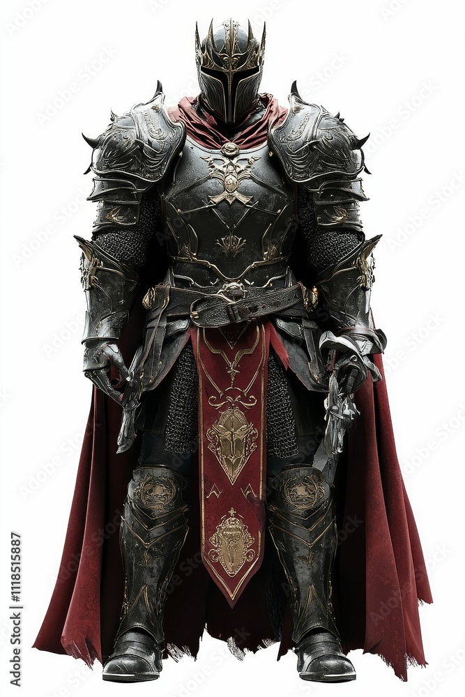 Dark armored knight, red cape, ornate helmet. Dark armored knight, red cape, ornate helmet.