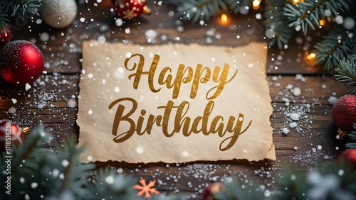 Rustic Winter Wonderland Happy Birthday Card, Elegant Golden Cursive Text on Parchment Paper with Christmas Decorations and Snowflakes