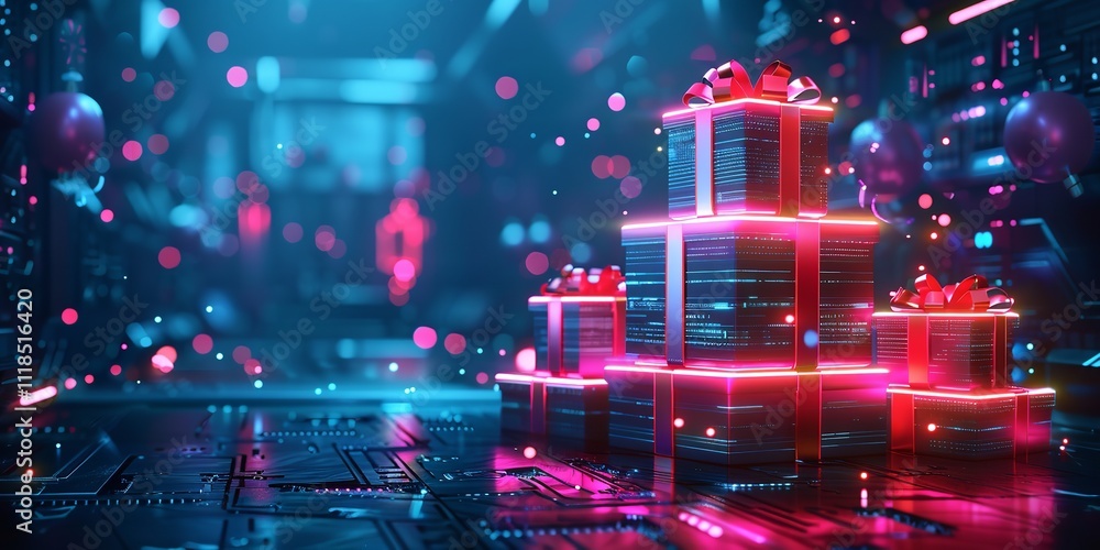 For a Christmas or New Year's Eve event, an array of illuminated boxes with red bows over the peak and dazzling neon lighting over technological setting and space, Generative AI. For a Christmas or New Year's Eve event, an array of illuminated boxes with red bows over the peak and dazzling neon lighting over technological setting and space, Generative AI.