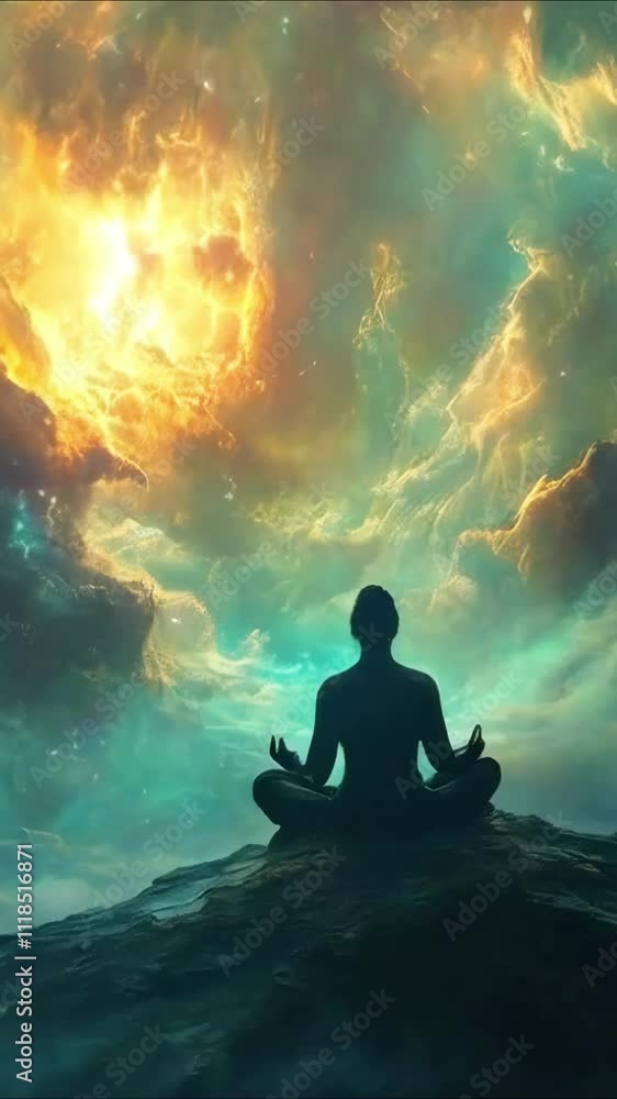 Woman silhouette meditating in lotus pose on colorful fantastic space background new beautiful stock 9x16 vertical video footage animation AI