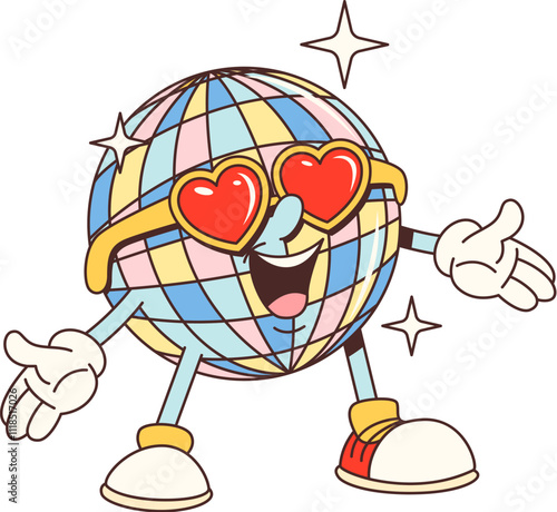 Groovy cartoon disco ball character in retro heart glasses with funny face, vector personage. Groovy disco ball with light shine and funky face for pop and disco music or leisure fun emoji character