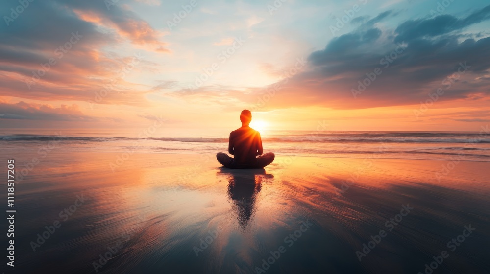 Sunset Serenity A Person Meditating on a Beach, Embracing the Calmness of Nature Sunset Serenity A Person Meditating on a Beach, Embracing the Calmness of Nature