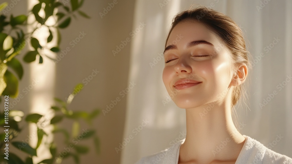 Relaxed woman in sunlight with lush greenery Relaxed woman in sunlight with lush greenery