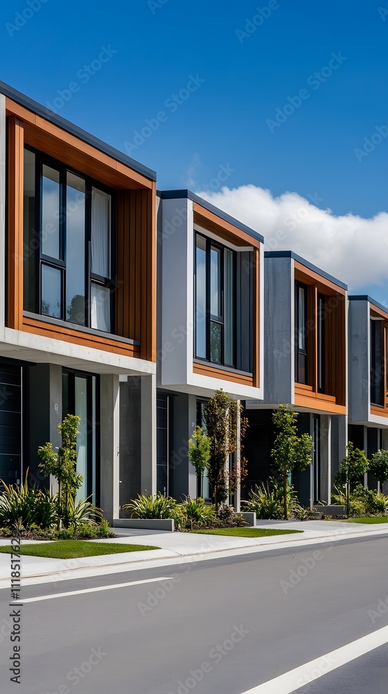 A row of modern New Zealand townhouses on the side of an empty road, with a white and grey asphalt surface A row of modern New Zealand townhouses on the side of an empty road, with a white and grey asphalt surface