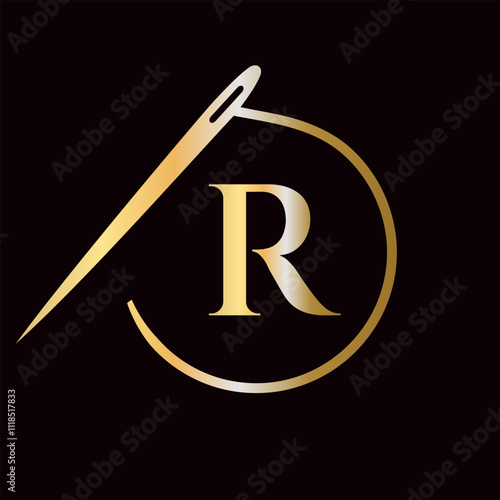 Letter R Tailor Logo, Needle and Thread Logotype for Garment, Embroider, Textile, Fashion, Cloth, Fabric Sign
