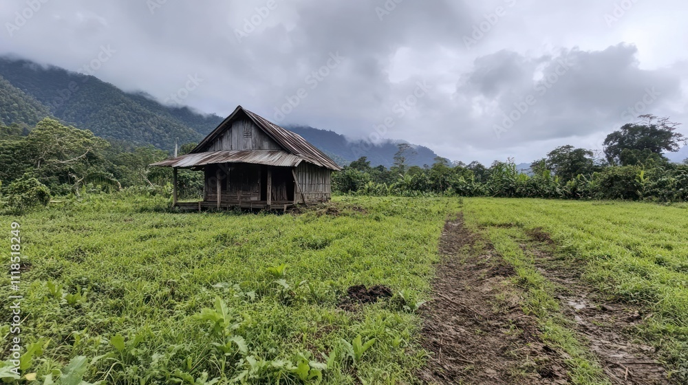 A rustic house in a lush green field under a cloudy sky, surrounded by mountains. A rustic house in a lush green field under a cloudy sky, surrounded by mountains.