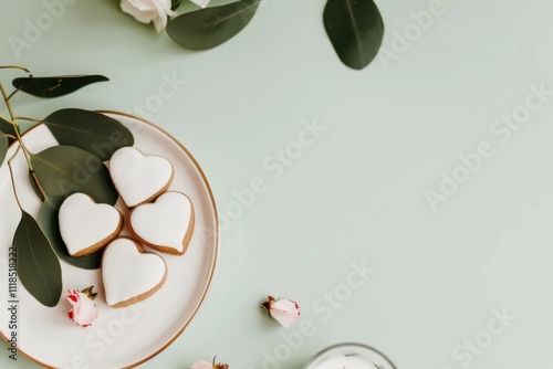 Background with heart-shaped cookies in pastel colors, arranged on a light background for Valentine's Day. Minimalist staging