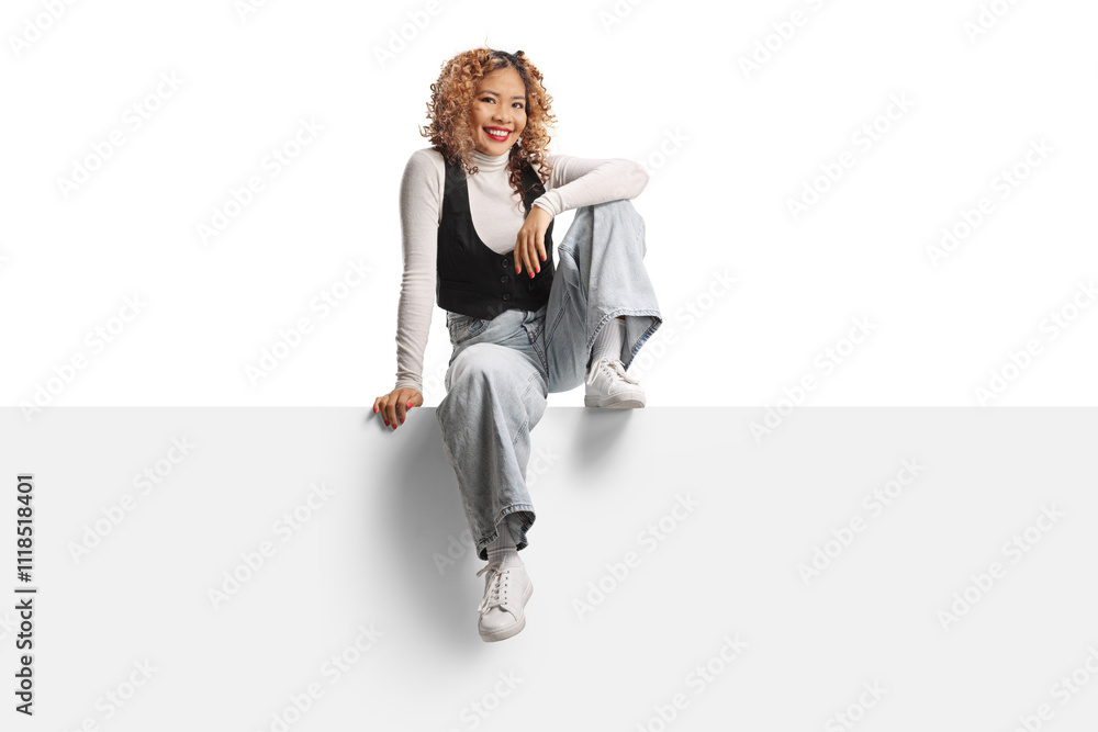 Cheerful young asian woman with curly hair sitting on a blank panel