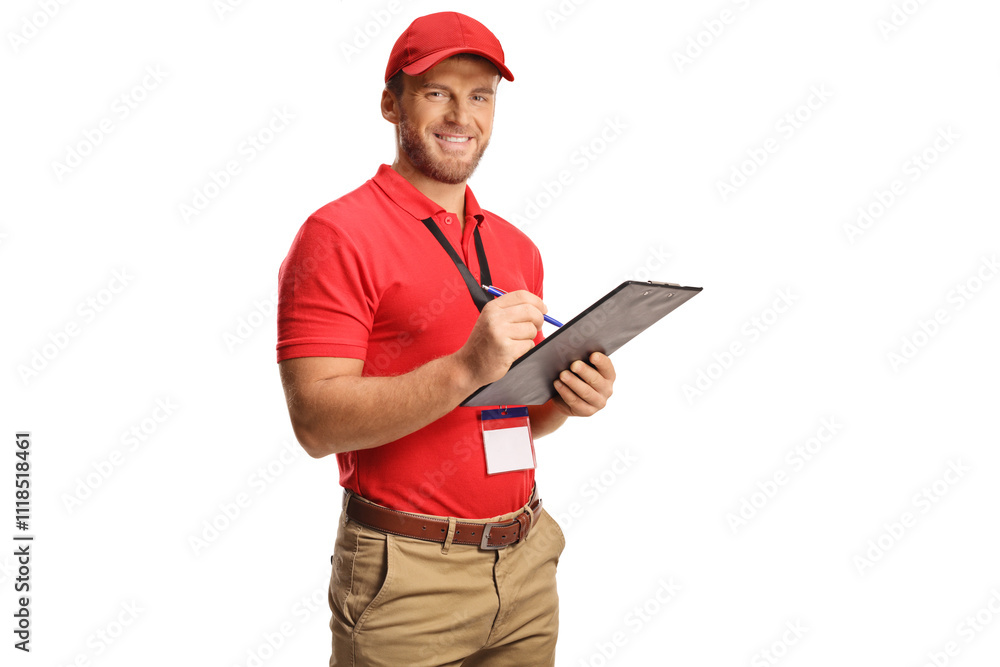 Store manager holding a cardboard and writing Store manager holding a cardboard and writing