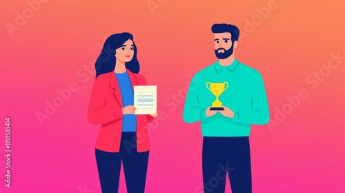 A man and woman celebrate an achievement, holding a trophy and a certificate against a vibrant gradient background.