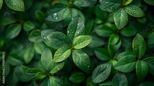 Green Leaves With Water Droplets - Close-up Illustration