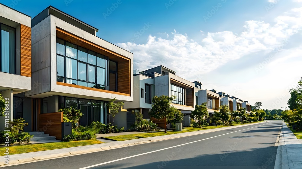 A row of modern New Zealand townhouses on the side of an empty road, with a white and grey asphalt surface A row of modern New Zealand townhouses on the side of an empty road, with a white and grey asphalt surface