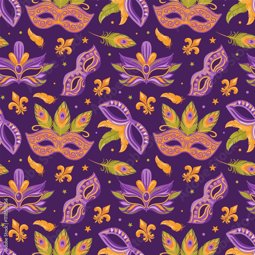 Bright carnival masks decorated with colorful feathers and fleur de lis for Mardi Gras celebrations. Seamless pattern. vector illustration in flat style is ideal for wallpaper, textile, background.