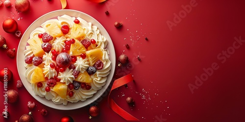 Over a very pale red setting, an overhead view of a plate of no-bake pineapple cream dessert depicting Christmas embellishments lovely food and space, Generative AI.