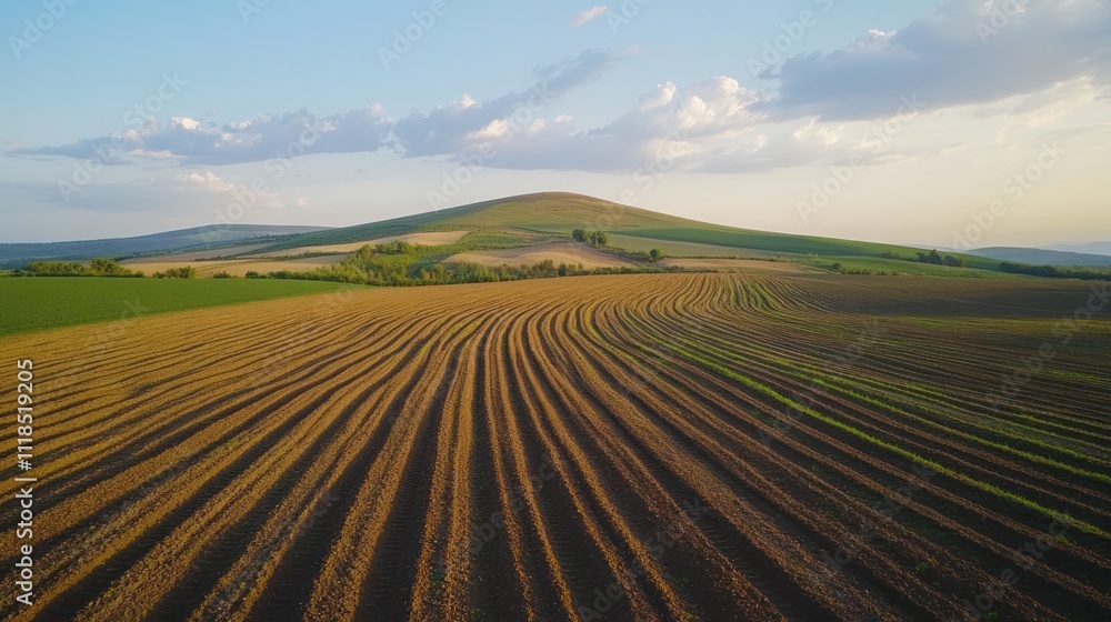 A scenic view of rolling hills and cultivated fields under a blue sky with clouds. A scenic view of rolling hills and cultivated fields under a blue sky with clouds.