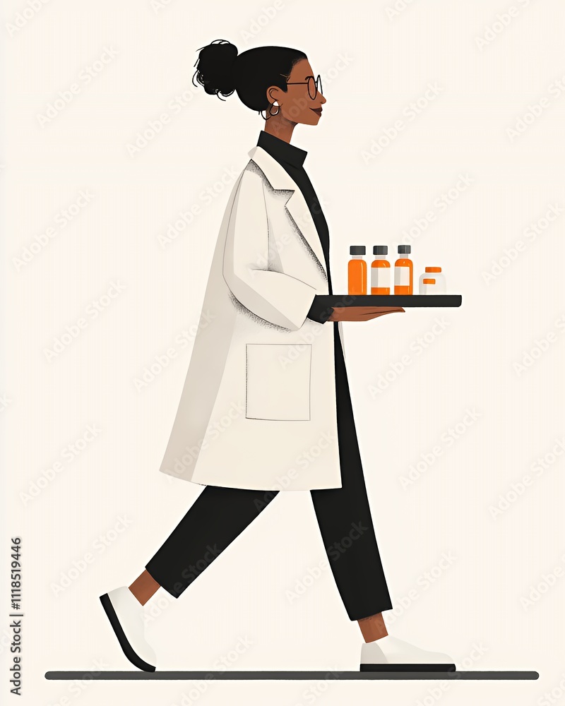 Woman in a Lab Coat Confidently Walks While Carrying a Tray of Scientific Bottles in a Minimalist Setting Woman in a Lab Coat Confidently Walks While Carrying a Tray of Scientific Bottles in a Minimalist Setting