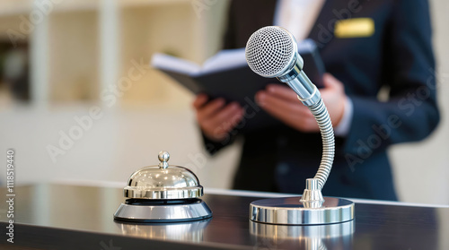 Professional Hotel Reception with Attendant, Service Bell, and Communication Microphone